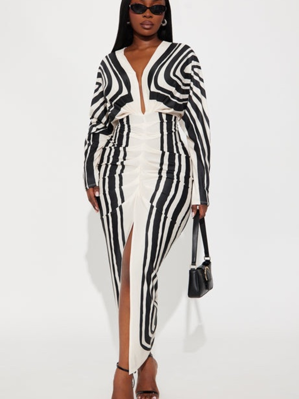 Fashion Nova Black and White Long Sleeve Ruched Maxi Dress